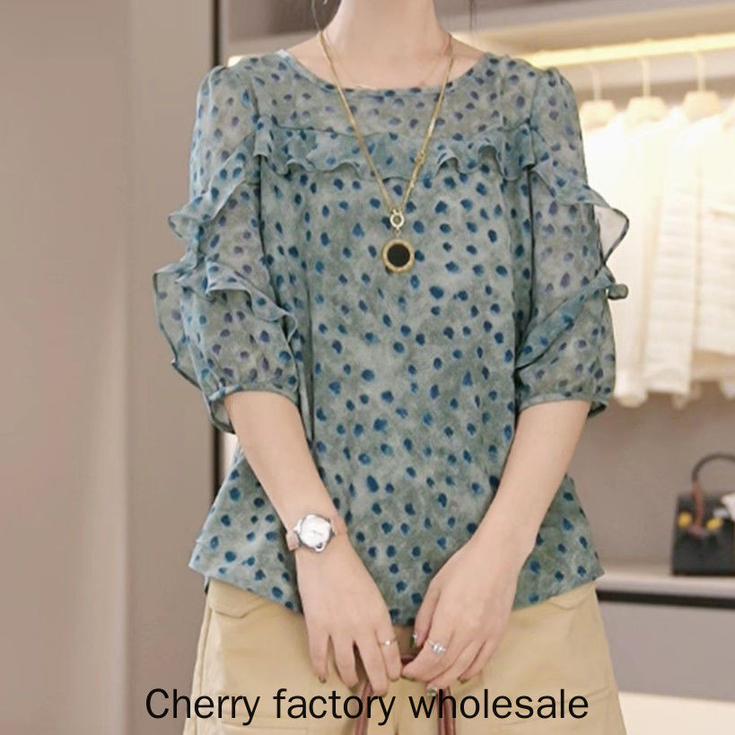 เสื้อเชิ๊ตแขนครึ่งสไตล์เกาหลีสำหรับผู้หญิง ทำจากผ้าชีฟอง สบายๆ สำหรับทุกไซส์และทุกวัย