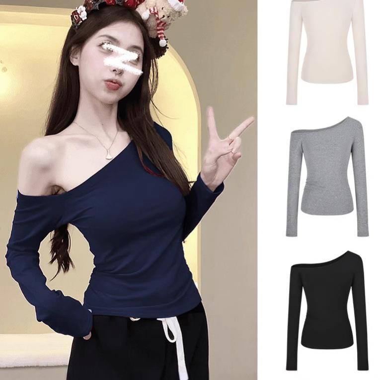 YY114 เสื้อแขนยาวปาดไหล่ผ้าเรยอน ใส่สบายเหมาะกับวันสบายๆหรือไปเที่ยวก็ปัง หยืดหยุ่นใส่สบาย น่ารักเกาหลี สุดฮิต