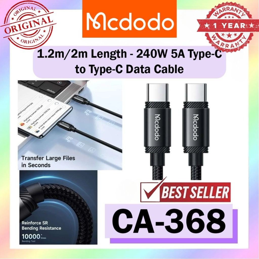 Mcdodo CA-368 Data Cable 240W Fast Charging Cable 240W Cable 1.2M ความยาว Type-C Cable Mcdodo CA-368