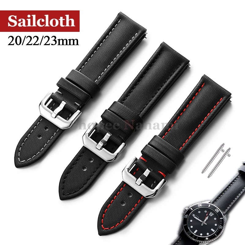 พรีเมี่ยม Sailcloth สายนาฬิกาไนลอนกันน้ํา 20 มม.22 มม.23 มม. สายนาฬิกาแบบปลดเร็วสีดํา Stitch ผ้าใบสร้อยข้อมือผู้ชายผู้หญิง Wristbelt