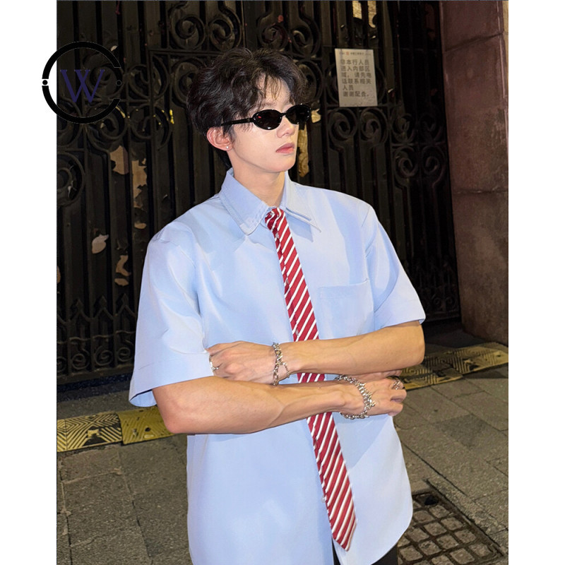 เสื้อแขนสั้นสไตร์เครื่องแบบสำหรับผู้ชาย สีตัดกัน พร้อมลายเส้นด้านใน - DX257PG968