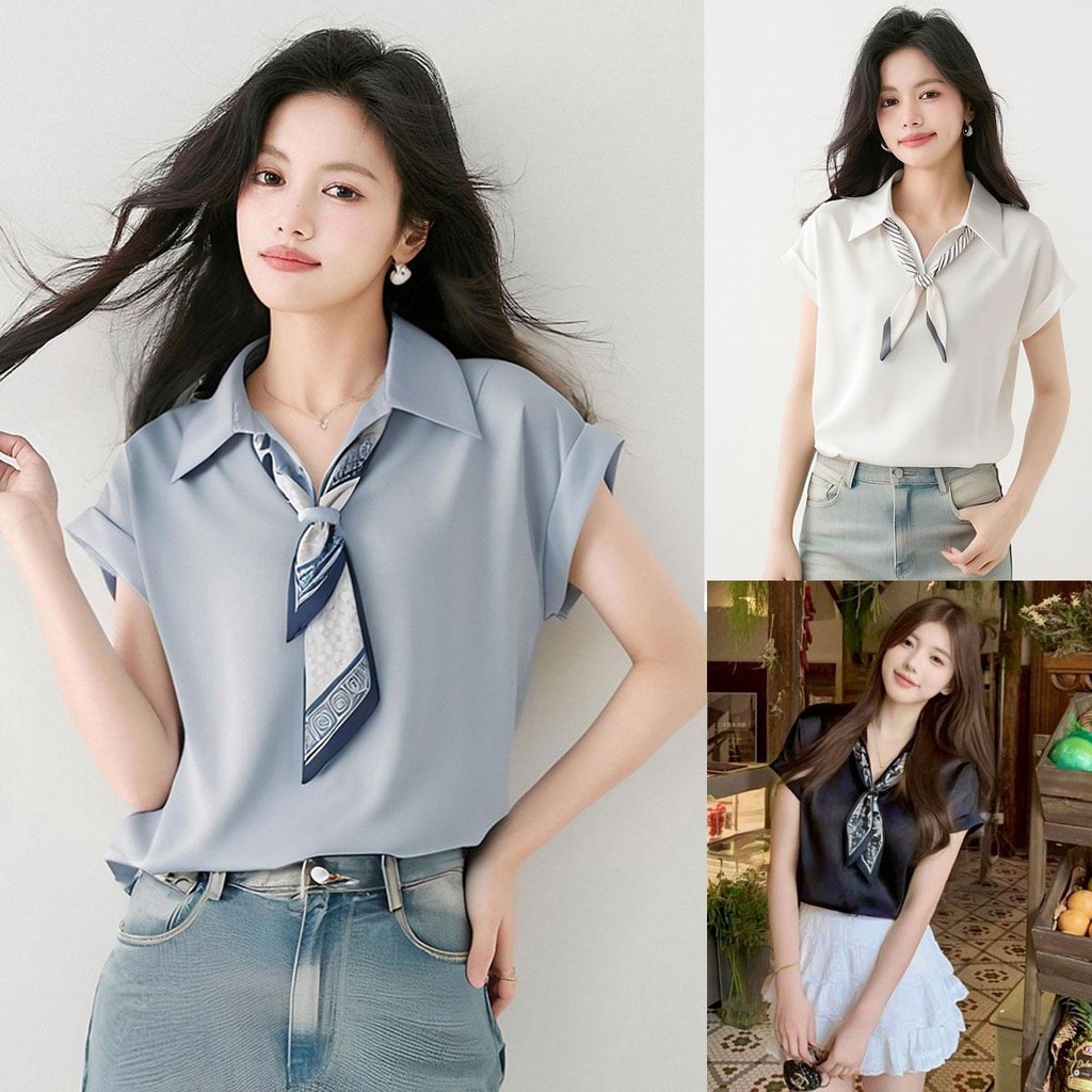Dahong 💖 99159 เสื้อเชิ้ตผ้าซาตินพรีเมี่ยมแขนสั้น สไตล์ทำงานเรียบหรูดูแพง ผ้าซาติน ลำลอง  สินค้ายอดนิยม