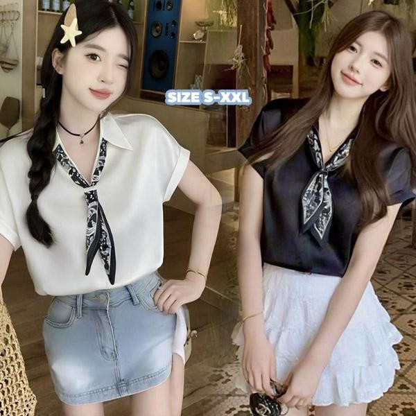 mimi&didi#เสื้อเชิ้ตผู้หญิง แขนสั้นแฟชั่น และอเนกประสงค์ ผ้าพันคอหลวม เสื้อสตรีระดับไฮเอนด์ เหมาะสำหรับการเดินทาง#99159