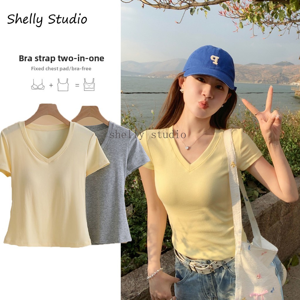 เสื้อยืดแขนสั้นคอวีสําหรับผู้หญิงฤดูร้อนใหม่ไหล่ผ้าฝ้ายเข้ารูปและบางด้านบนสีเหลือง