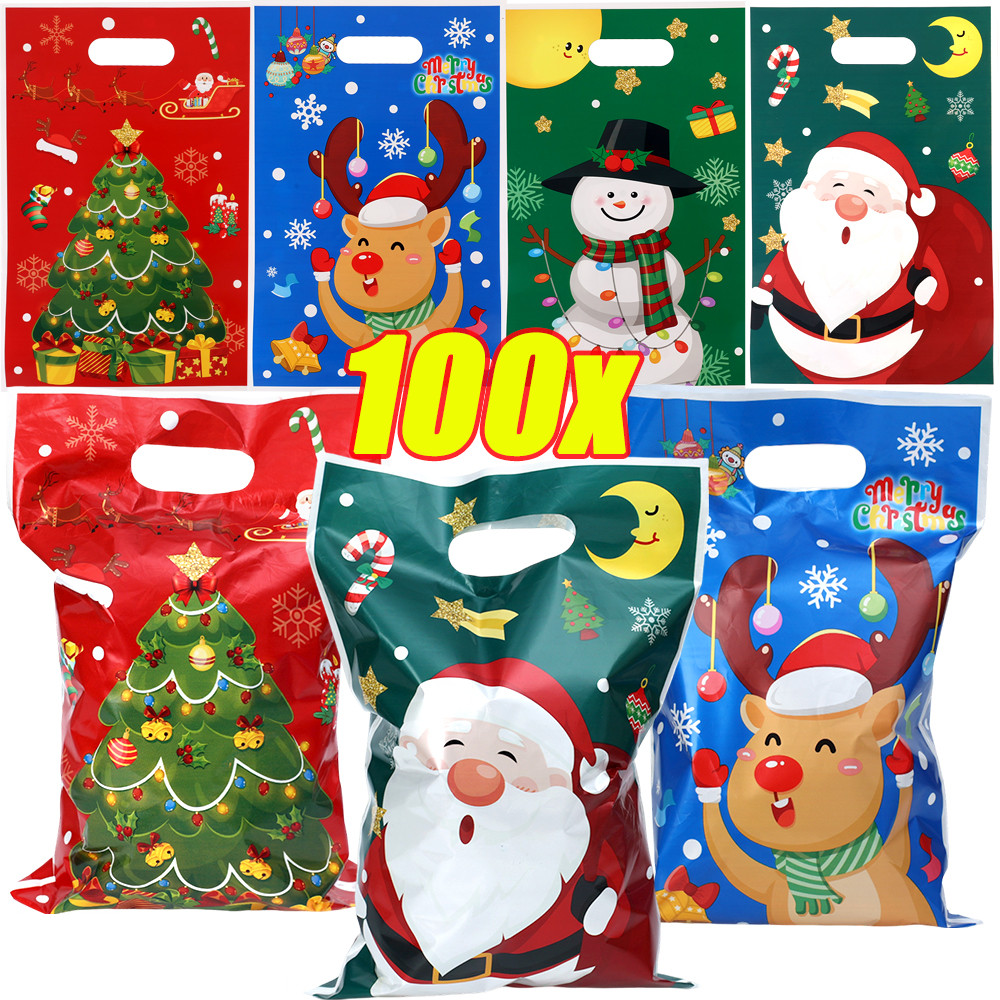 50/100/200 ชิ้นถุงรักษาคริสต์มาสพร้อมที่จับ/คริสต์มาส Santa Snowman จับถุงของขวัญ