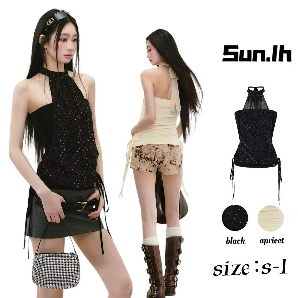 SUN🛍️พร้อมส่ง🛍️เสื้อกล้ามตาข่ายต่อลายกลิตเตอร์คอฮอลเตอร์เข้ารูปสำหรับผู้หญิงในช่วงฤดูร้อน
