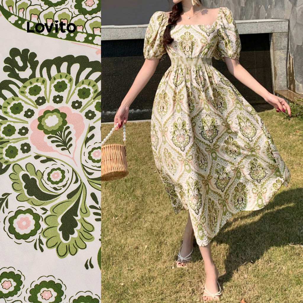 (New) Lovito เดรสโบฮ์ ริชม์ โครงสร้างสาย สปริง/ซัมเมอร์เดรส L150AD1734