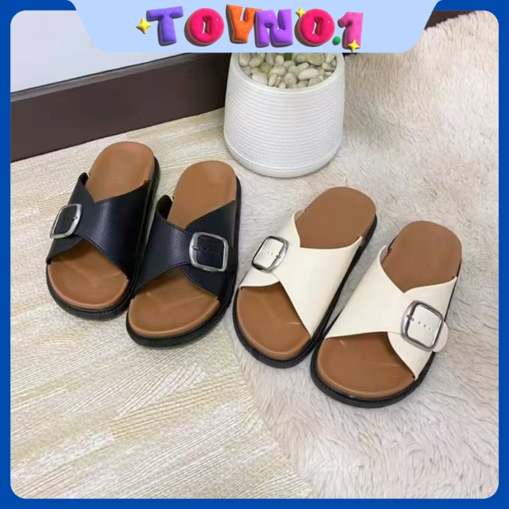 ToyNo.1🧸พร้อมส่ง🧸"LT-A05-5" รองเท้าแตะแบบสวม ทรงวินเทจ สายคาดปรับได้ แต่งหัวเข็มขัด สีพื้นมินิมอล