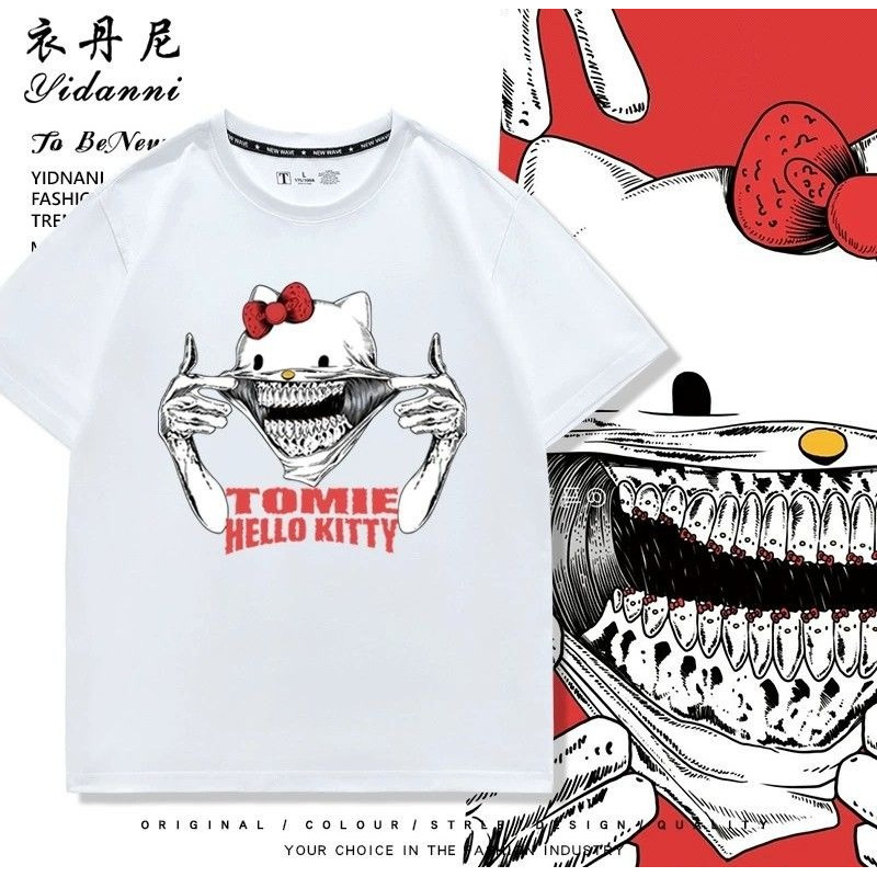 เสื้อยืดฤดูร้อนแขนสั้น ออกแบบโดย Ito Junji, Hello Kitty และ Tomie ในสไตล์ศิลปะสองมิติแบบญี่ปุ่น