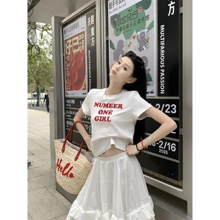 พร้อมส่ง เสื้อยืดสวยๆผู้หญิง แขนสั้นพิมพ์ เสื้อยืดแขนสั้นหลวมพิมพ์ตัวอักษรเรียบง่ายสไตล์เกาหลี