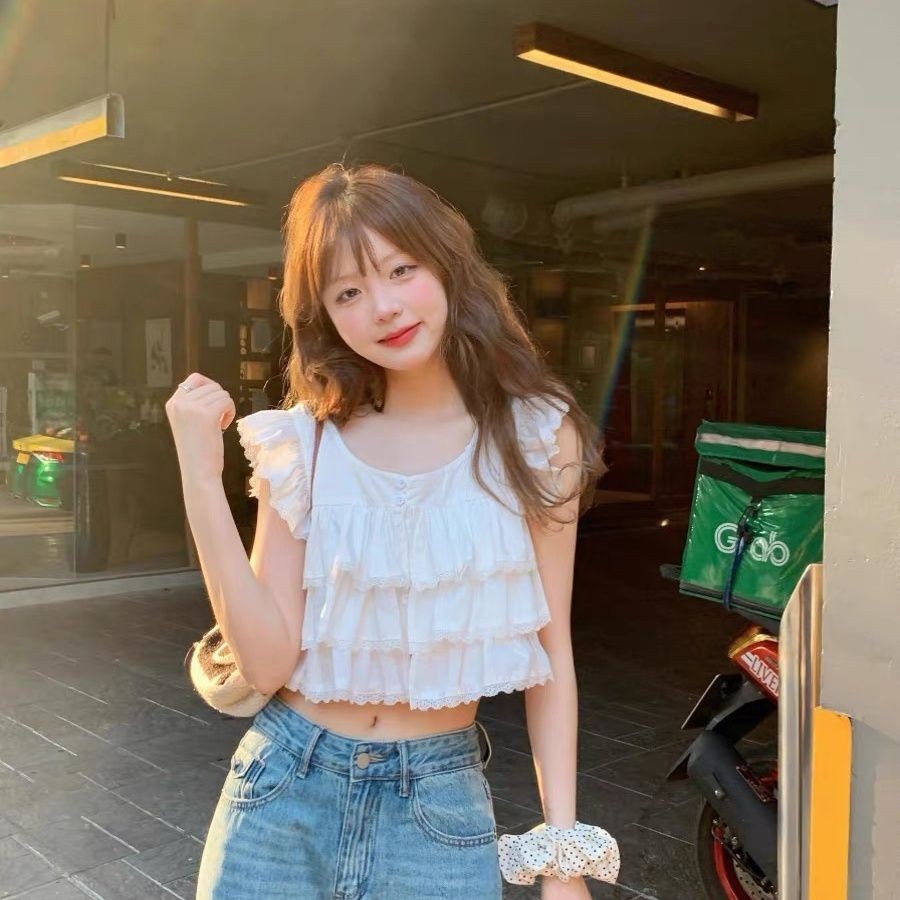 สีขาวบินแขนเร้าใจสั้นทารกเสื้อด้านบนผู้หญิงฤดูร้อนลูกไม้ลูกไม้หวานเสื้อขนาดเล็กเสื้อแขนสั้น