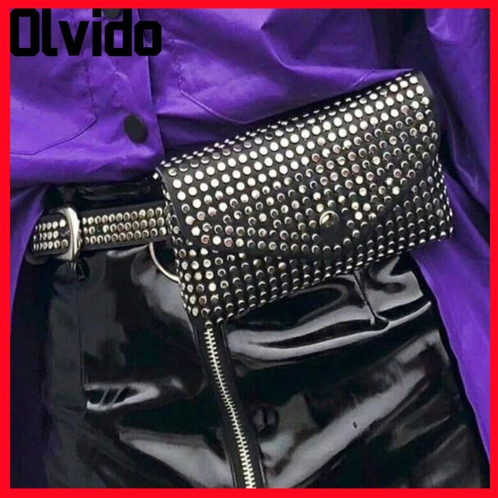 กระเป๋าเข็มขัด OLVIDO, กระเป๋าโทรศัพท์มือถือสีดําหมุดย้ํา, ตกแต่งเข็มขัดชั้นดีของผู้หญิง Punk Style PU Leather Small Waistpack