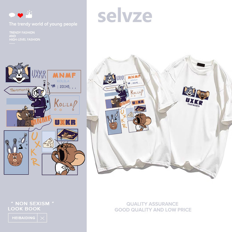 Selvze ~  Printed T-shirt，ตัวการ์ตูนน่ารักพิมพ์เสื้อยืดแขนสั้นหลวม T1883