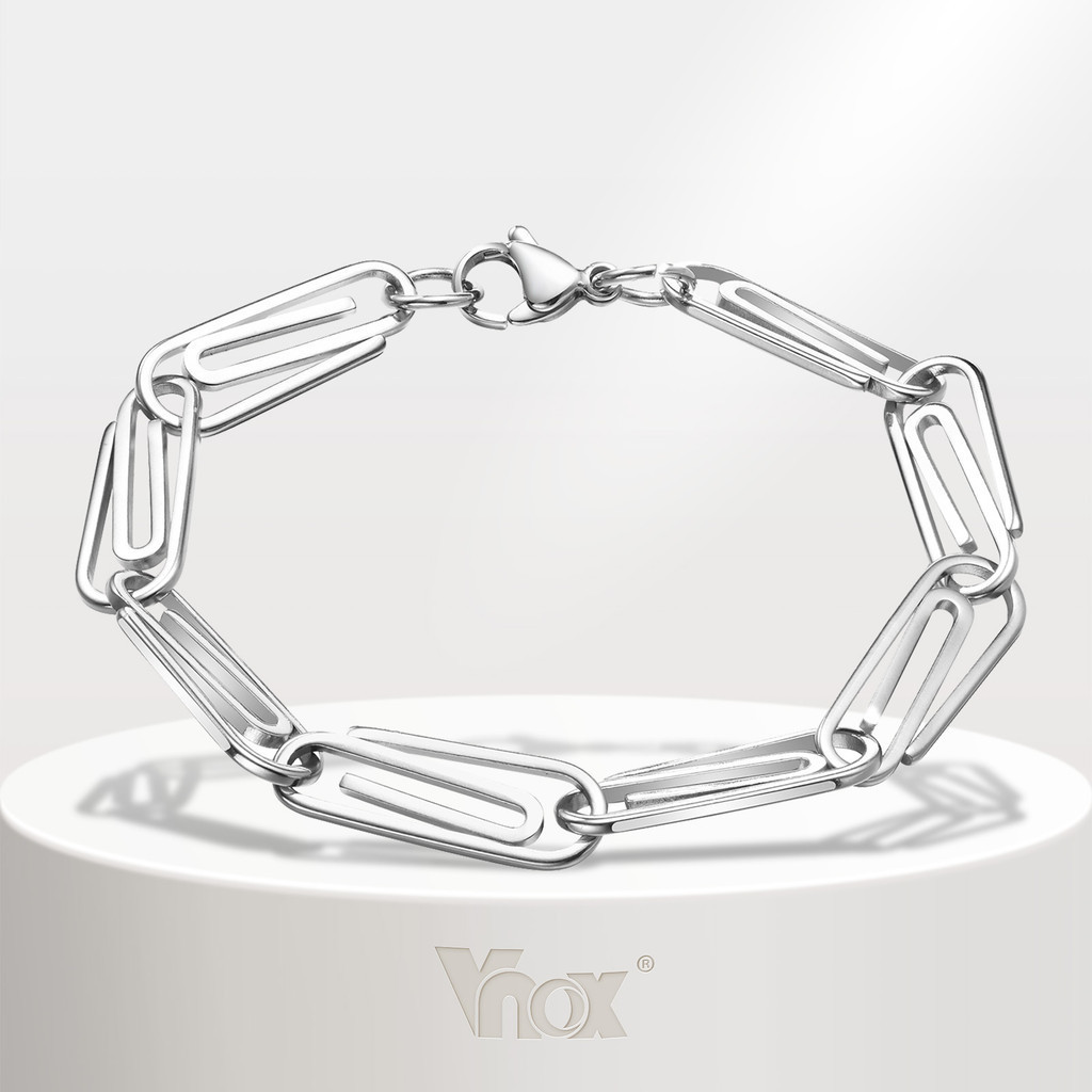 VNOX วีน็อกซ์ สร้อยข้อมือคลิปหนีบกระดาษสแตนเลส,สายรัดข้อมือลิงค์สี่เหลี่ยมผืนผ้าสไตล์ลําลอง,เครื่องประดับโซ่ปรับ
