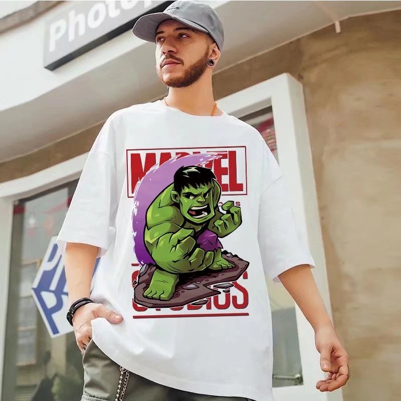 พร้อมสต็อกผู้ชายเสื้อยืดมหัศจรรย์การ์ตูนซูเปอร์ฮีโร่ฮัลค์พิมพ์แขนสั้น เสื้อยืด ขนาดใหญ่ผู้ชายและผู้หญิงแฟชั่นรอบคอหลวมครึ่งแขนเสื้อยืด