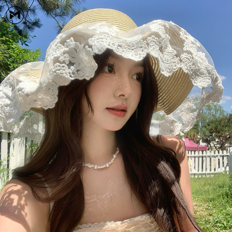 ลูกไม้ฝรั่งเศสโบว์ครีมกันแดดฟางผู้หญิงฤดูร้อนริมทะเลหมวก