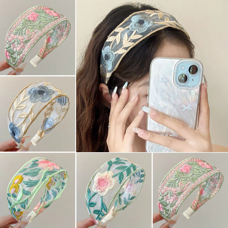 ผู้หญิงแฟชั่นวินเทจดอกไม้เย็บปักถักร้อย Headwear Hairbands อุปกรณ์เสริมผม