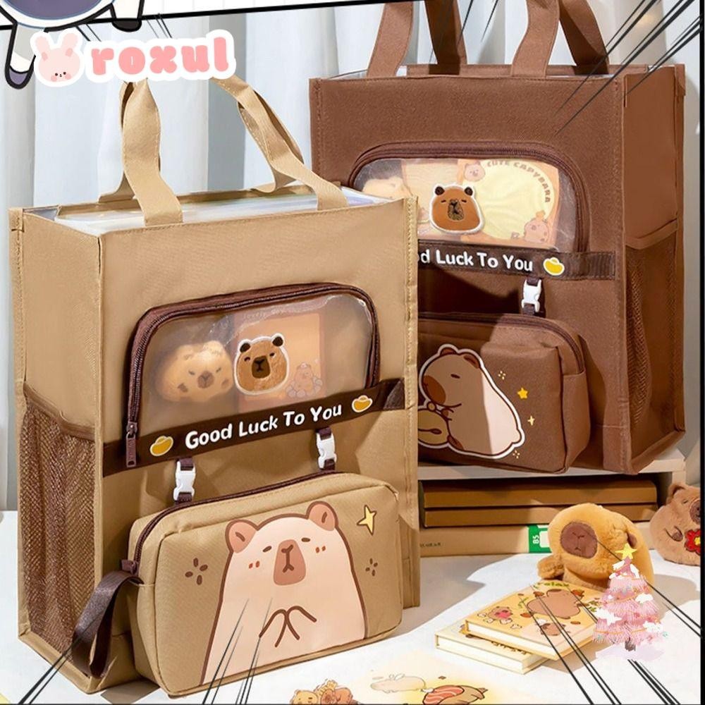 กระเป๋านักเรียน ROXUL Tote, กระเป๋ากวดวิชา Capybara ห้าชั้น, กระเป๋าแฟ้ม A4 ผ้าใบความจุขนาดใหญ่การ์ตูนสํานักงานโรงเรียน