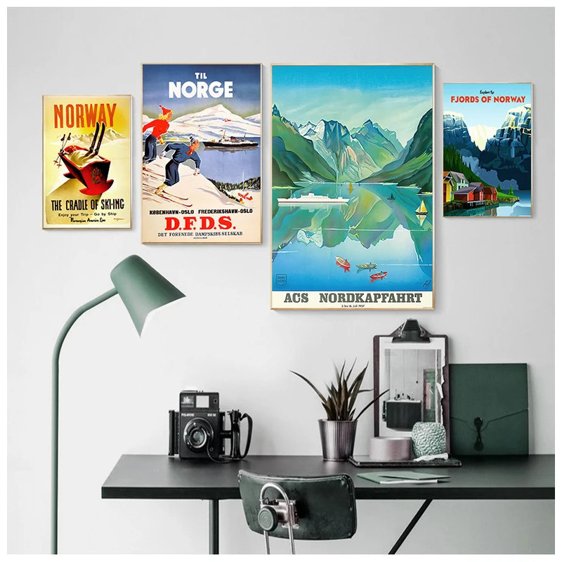 นอร์เวย์ Norge Fjords Vintage แผนที่ Retro Travel คลาสสิกผ้าใบกรอบคราฟท์โปสเตอร์สติ๊กเกอร์ติดผนังตกแ