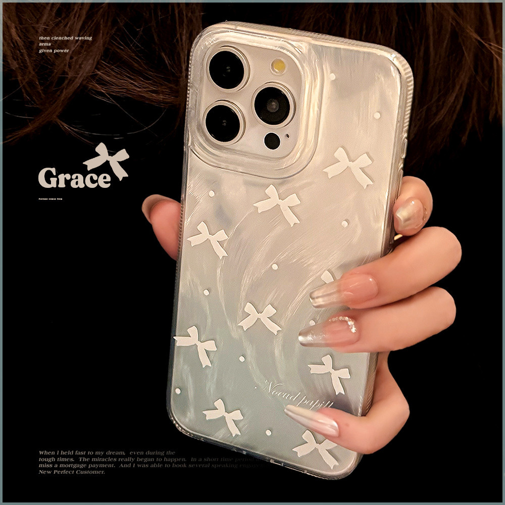 Huiwanju สไตล์เกาหลี ins โบว์สีฟ้าและสีขาวสําหรับเส้นด้ายขนนก 12 niche 14 บุคลิกภาพ iPhone15 เคสโทรศัพท์มือถือ iphone13pro max