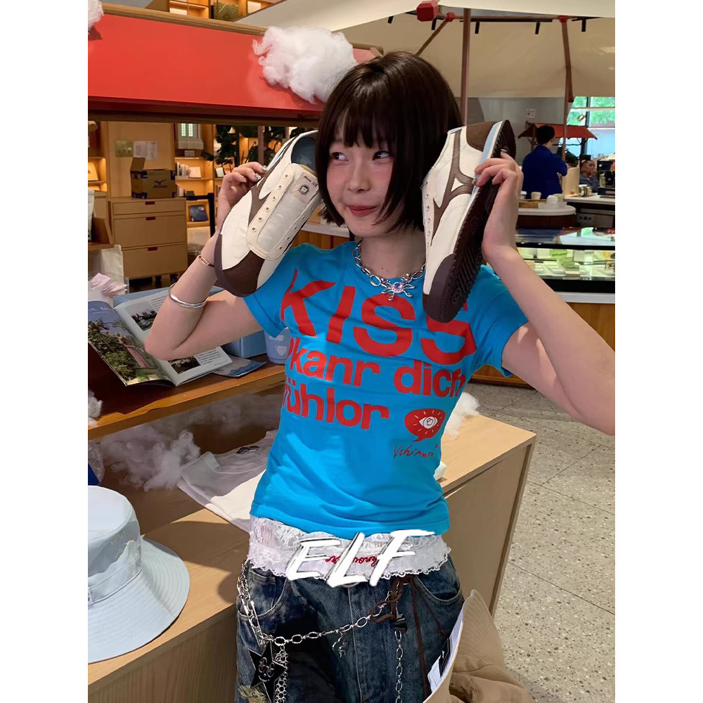 ELFwoo เสื้อยืดสีขาว กางเกงรัดรูป ตัวอักษร