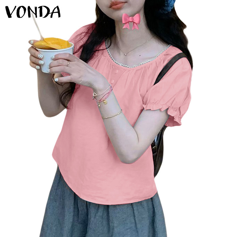Vonda เสื้อเบลาส์แขนสั้นคอกลมลําลองเกาหลีสําหรับผู้หญิง