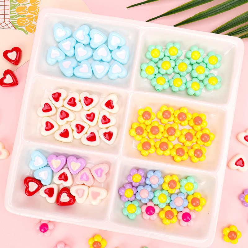 10ชิ้นอะคริลิสีอ่อนสองสีรักลูกปัดดอกไม้ทําเองเครื่องประดับลูกปัดแฮนด์เมดกระจัดกระจายลูกปัด
