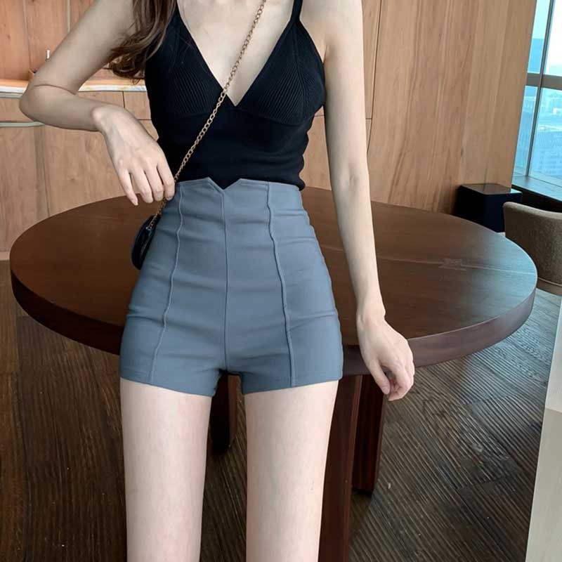 สไตล์เกาหลี ใหม่ กางเกงขาสั้นสตรี เอวสูง ทรงสลิม สีทึบ ใส่ด้านนอก กางเกงขาสั้นย้อนยุค