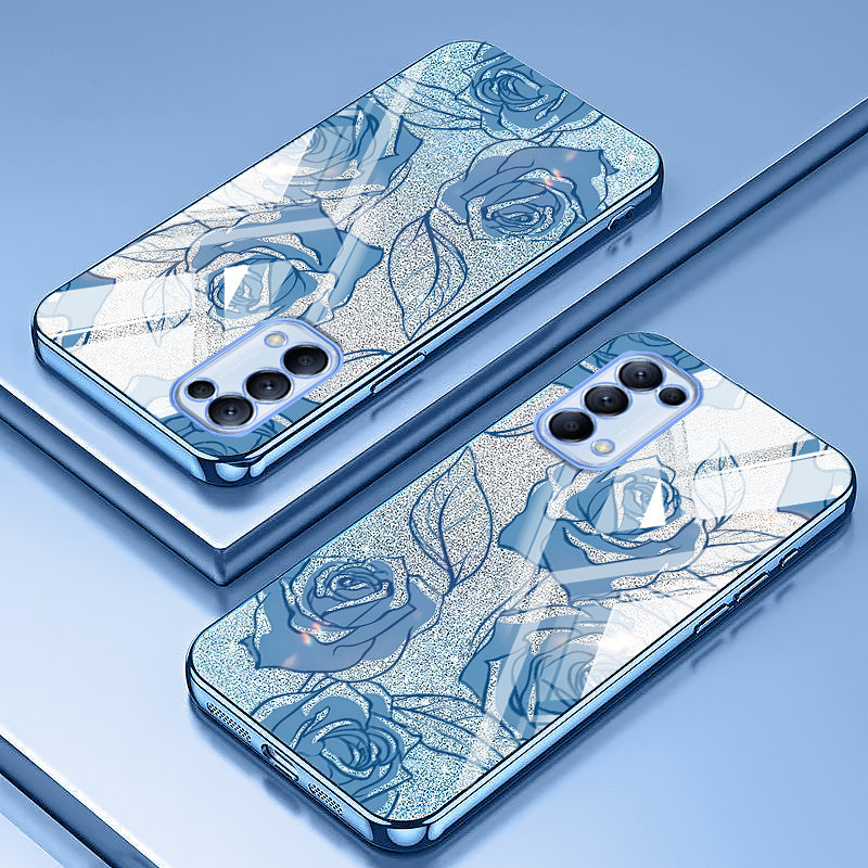 ปลอกสําหรับoppo Reno4 Pro 4G Reno5 Pro Reno6 4G 5G Reno 6Zแบบเต็มหน้าจอRoseรูปแบบGlitter Powder Anti Dropโปร่งใสเคสโทรศัพท์