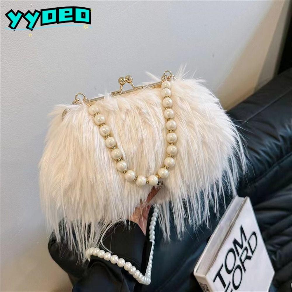 Yyoeo Tote Handbag, Faux Furry Plush Shoulder Bag, Fashion Large Capacity Pearl Chain Long Tassel Underarm Bags for Female