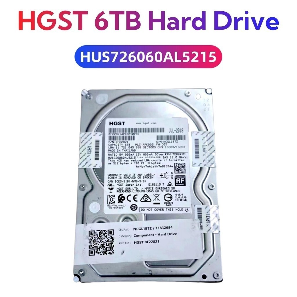 Hgst ฮิตาชิ HUS726060Al5215 HUS726T6TAL5205 0B36050 6TB 7.2K 12G LFF 3.5 "SAS HDD 0F22821 ฮาร์ดไดรฟ์