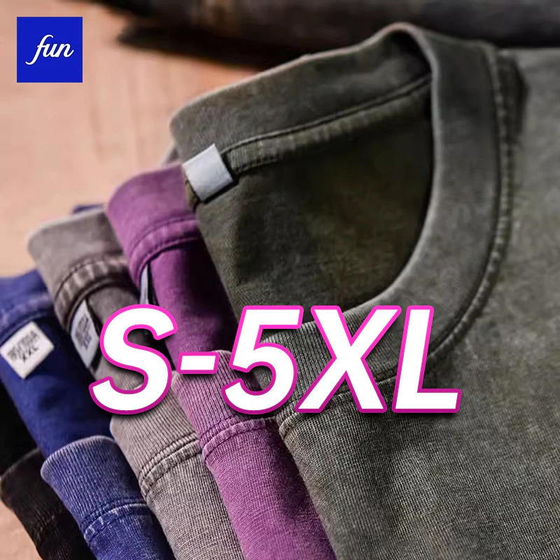 เสื้อทีเชิ๊ตชาย 5XL แบบโอเวอร์ไซส์ | American Retro Streetwear สไตล์ | ผ้าฝ้าย 240gsm หนาแน่น | ทรงหลวม Drop Shoulder | ลายขาด Distressed เสื้อยืด