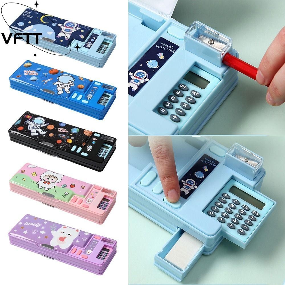 กล่องดินสอ VFTT,สองชั้นนักบินอวกาศ/ดินสอออกแบบสัตว์,กบเหลาดินสอความจุขนาดใหญ่พร้อมเครื่องคิดเลขกล่องเก็บเครื่องเขียนพลาสติกสําหรับเด็กชาย/เ