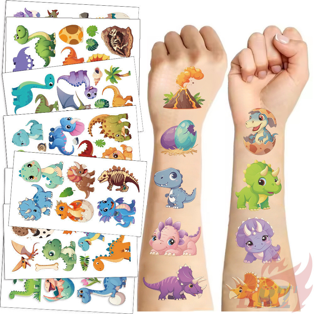 สติ๊กเกอร์รอยสักชั่วคร้านการ์ตูนไดโนเสาร์ 10 แผ่น/ชุด ทนน้ำ สำหรับแขน มือ และเท้า