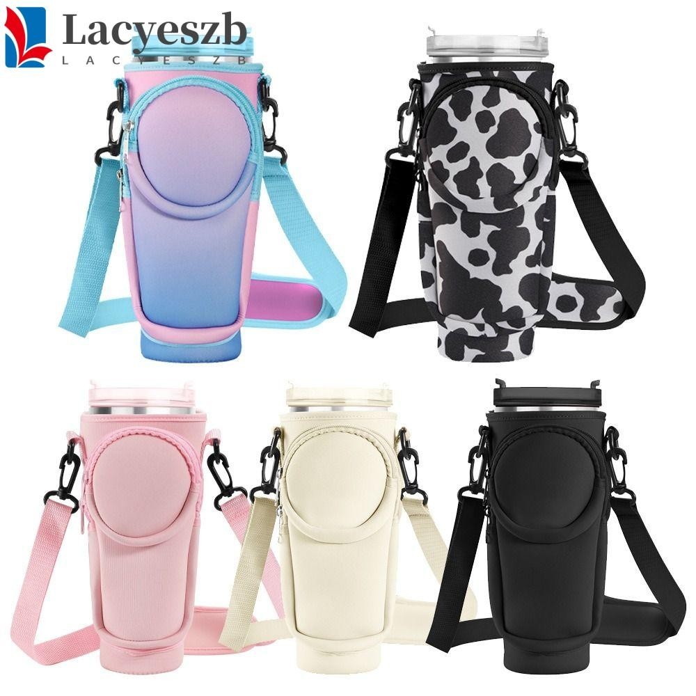 Lacyeszb กระเป๋าใส่ขวดน้ํา, สายสะพายไหล่ปรับได้ Crossbody 40oz Thermos Cup Bag, Portable with Phone Pocket Cow pattern Straw Bottle Holder Pouch Outdoor