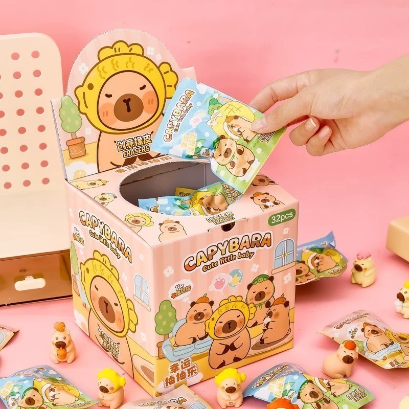 ยางลบ กล่องสุ่ม32ชิ้น/กล่อง คาพีบาร่า Capybara กะปิ /โปรเกม่อน ซานริโอ้ หมีล็อตโซ่ ใช้งานได้ สะสม ของเล่น พร้อมส่ง