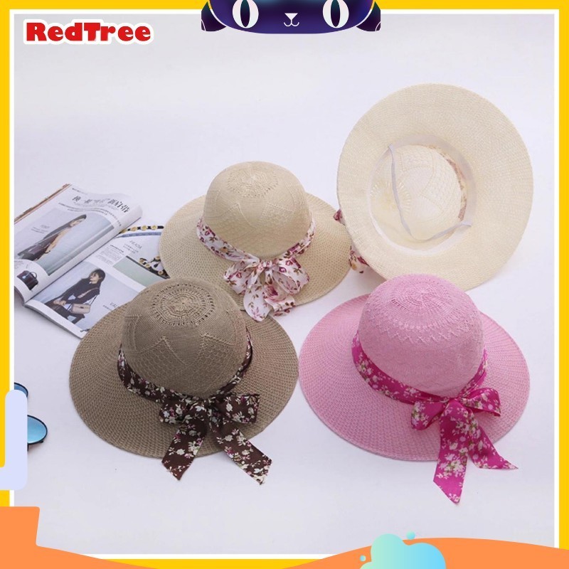 ผู้ใหญ่ Polka Dot Ribbon Vintage Flower Beach Hat T37 REDTREE