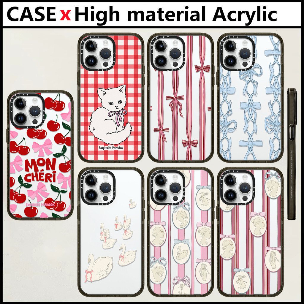 Casetify Balletcore ลูกแมวริบบิ้น Swan Lake Mon Cheri iPhone สําหรับ 11 12 13 14 15 Pro Max 15 Plus อะคริลิคพลาสติก TPU ตัวอักษรด้านข้างกันกระแทกฝาครอบโทรศัพท์กลับ INS สไตล์ปลอก