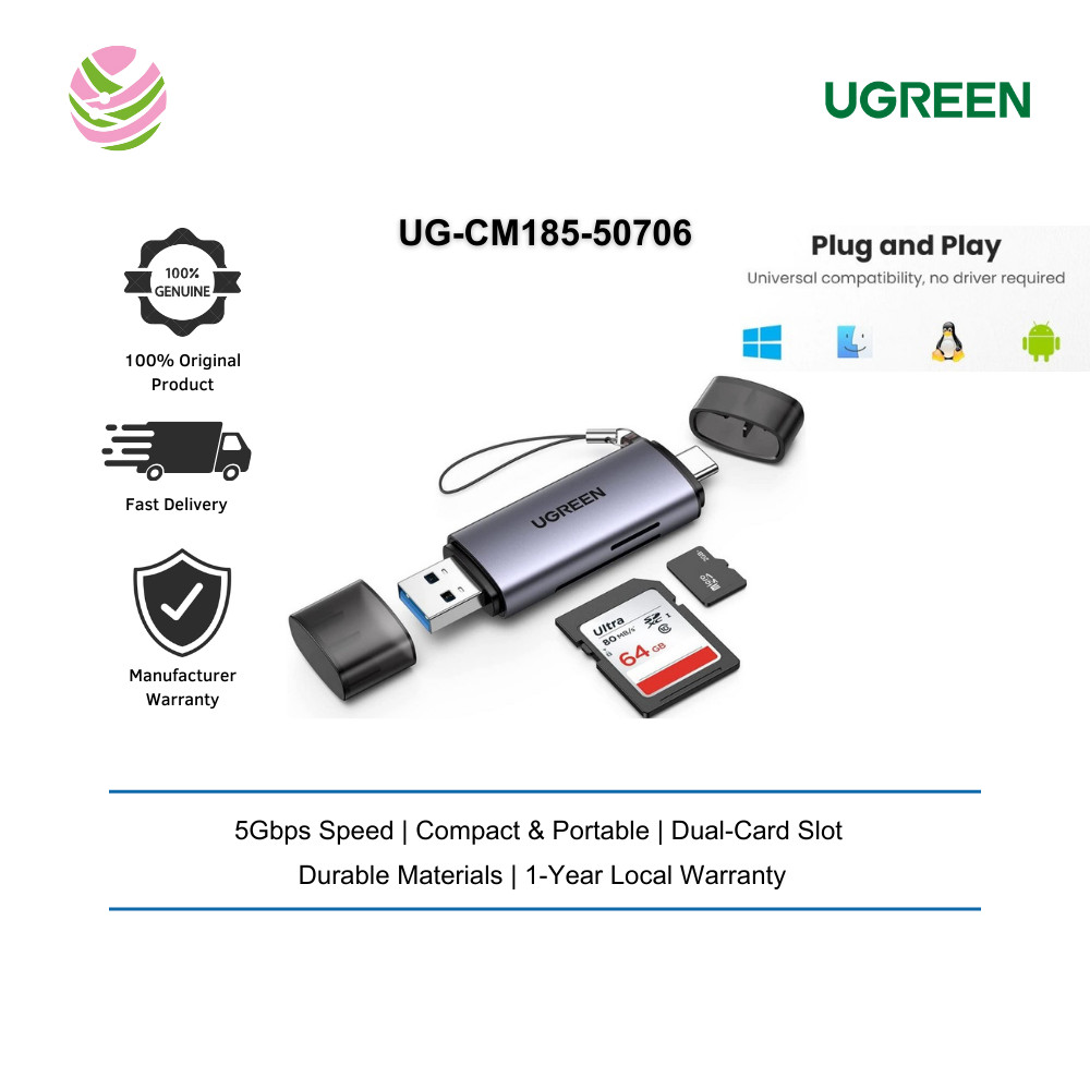UGREEN CARD READER 2-IN-1 USB-A 3.0 + TYPE-C USB-C 3.1 GEN 1 TO TF/SD 3.0 OTG(UG-CM185-50706)