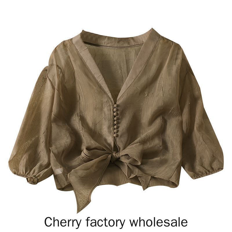 ใหม่แฟชั่นผู้หญิงเสื้อแขนพัฟบางลูกไม้ขึ้นครีมกันแดดชีฟองด้านบนสุภาพสตรีเสื้อผ้าสบายๆ - รูปที่ 3