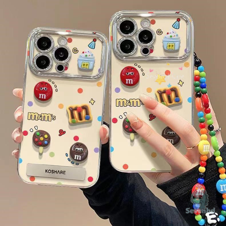 ปลอก + 3D DIY ตุ๊กตา + ผู้ถือ + โซ่สําหรับ iPhone 11 16 7Plus 13 14 15 12 Pro Max Xr X Xs Max 8 6 6s Plus หรูหรา M Bean วงเล็บโลหะเคสโทรศัพท์กันกระแทกป้องกันปกหลัง