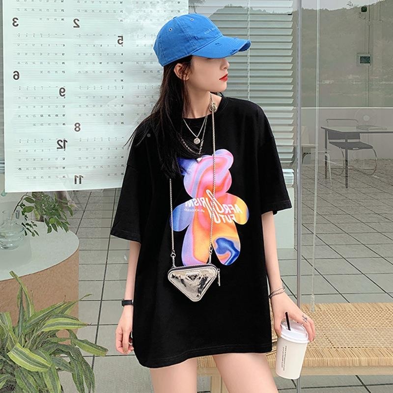 You-T เสื้อยืดแขนสั้นแฟชั่นสตรี ไม่มีริ้วรอย เสื้อผ้าฝ้ายแท้ ไม่หดตัว oversize พิมพ์ "หมีหลากสี" สบายๆสไตล์เกาหลี