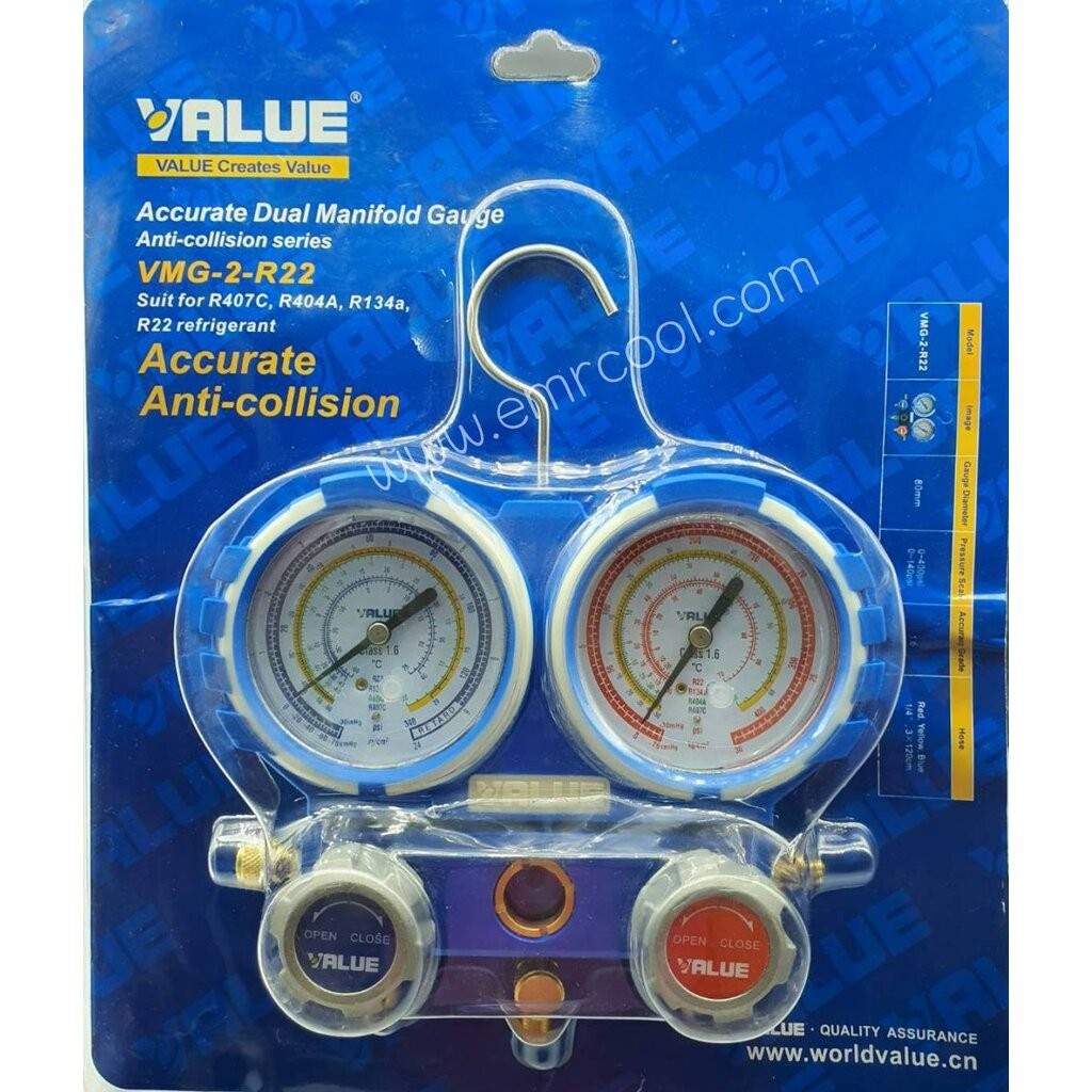 ชุดเกจน์ชาร์ตน้ำยา"VALUE"Model:VMG-2-R22-02 สายยาว 60" ใช้กับน้ำยา R22/404A/R134A/R407C