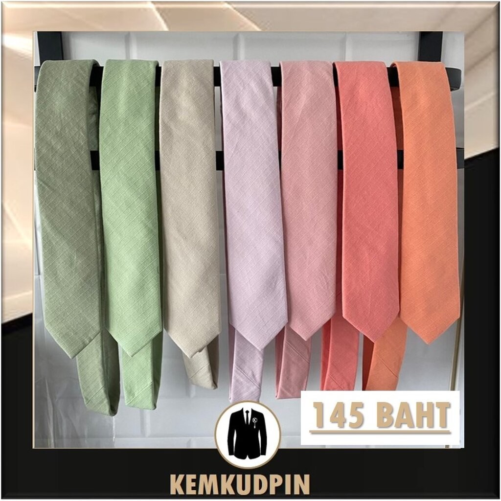 Necktie เนคไทด์ ผ้า คอตตอน ลายตาราง เขียว sage green ส้ม Coral