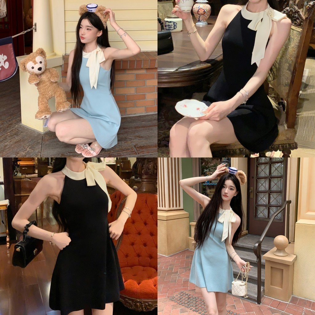 🍍Evelyn🍍​ชุดมินิเดรสไหมพรม ผูกคอ ดีเทลแต่งโบว์ สไตล์เกาหลี เสื้อแขนกุด เรียบหรู ยืดกำลังดี แฟชั่นฤดูร้อน ทรงสวย#X72