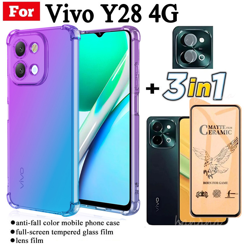Vivo Y28 4G เคสโทรศัพท์มือถือป้องกันการล่มสลายสําหรับ Vivo Y28 5G Y38 ฟิล์มกระจกนิรภัยเซรามิกและฟิล์