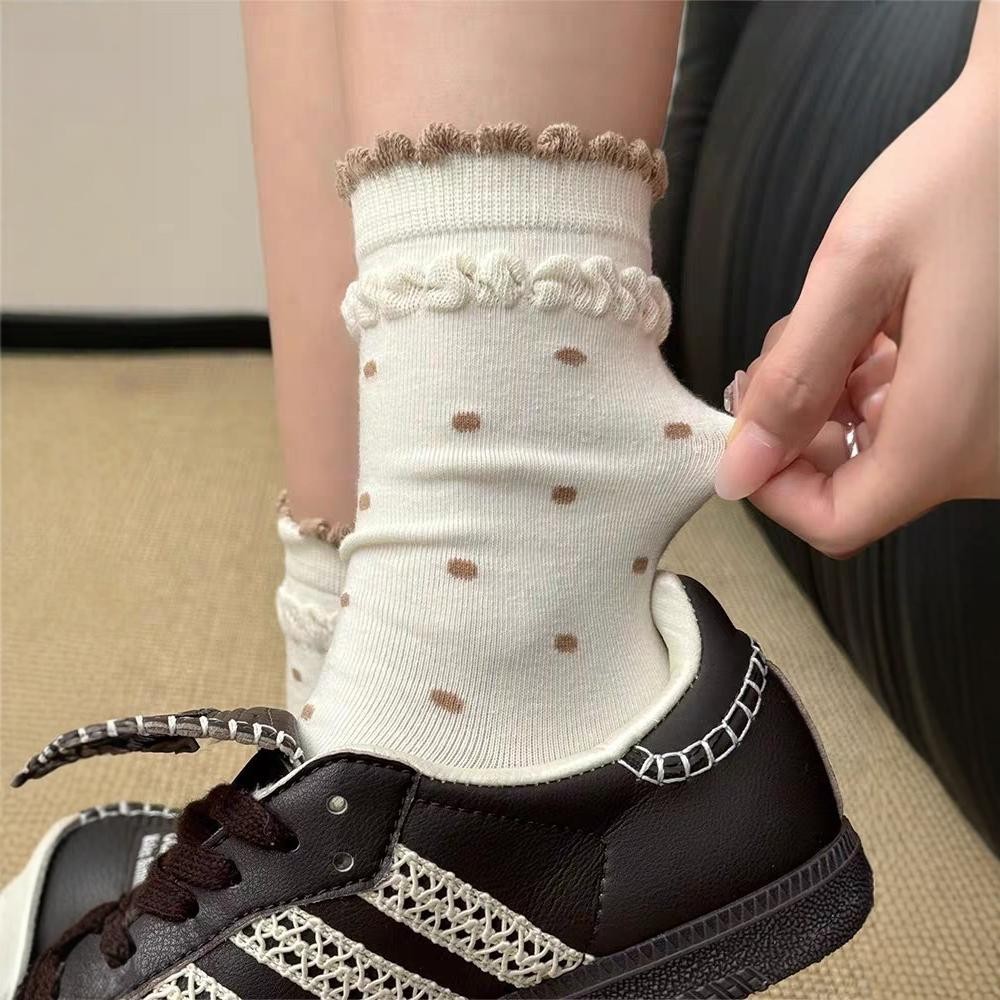 Polka Dot ถุงเท้าลูกไม้ผู้หญิงกลางหลอดฤดูใบไม้ผลิฤดูร้อนบางสไตล์ญี่ปุ่น Lolita Pile Preppy สไตล์ถุงน่องผู้หญิง
