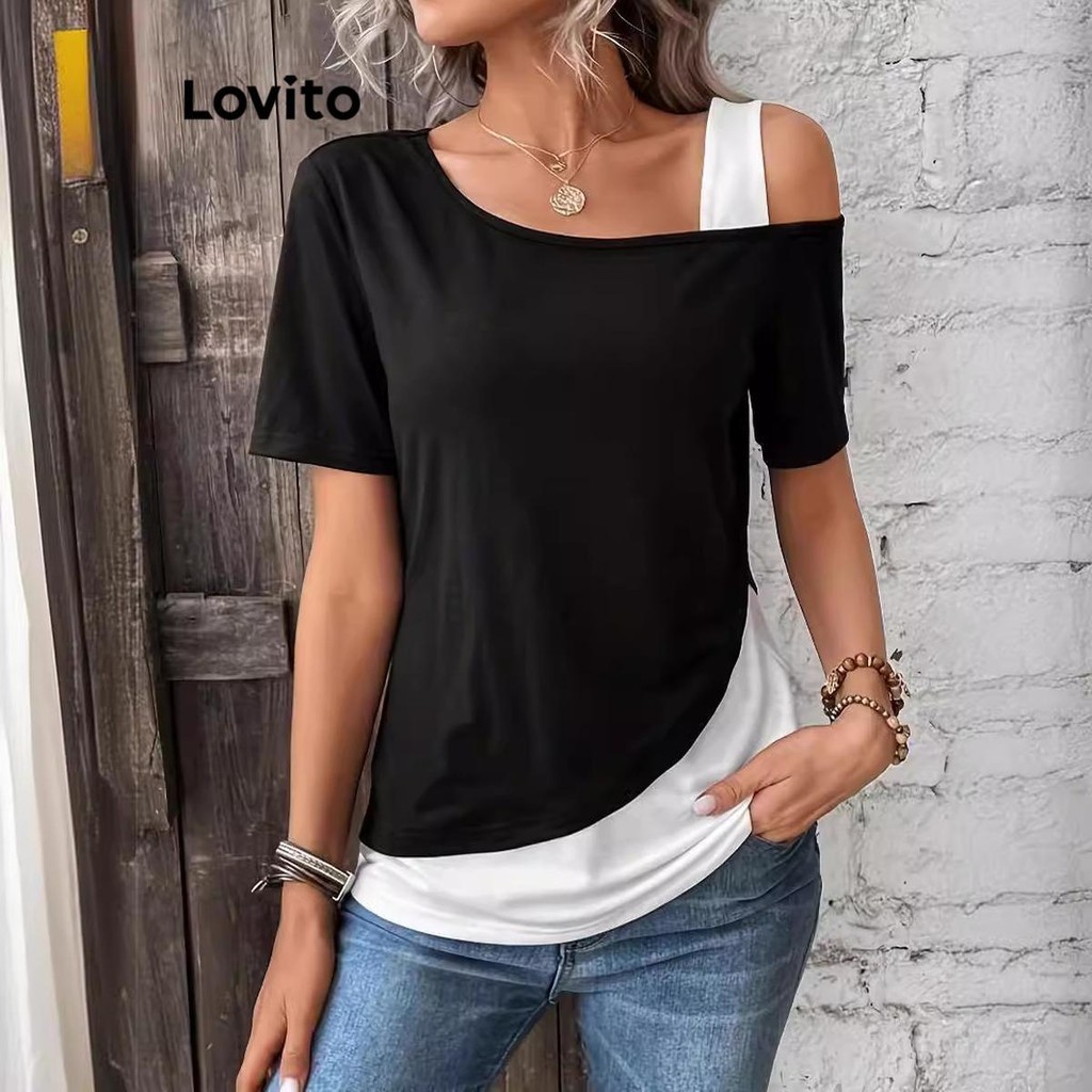 Lovito เสื้อยืดไหล่เย็นสำหรับผู้หญิง LNL73319