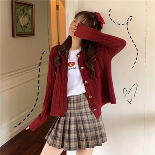 Veewink พร้อมส่งจากกรุงเทพ เสื้อสเวตเตอร์คริสต์มาส เสื้อคลุมคาร์ดิแกน สีพื้น สไตล์เกาหลี แขนยาว ผ้าถัก สีแดง