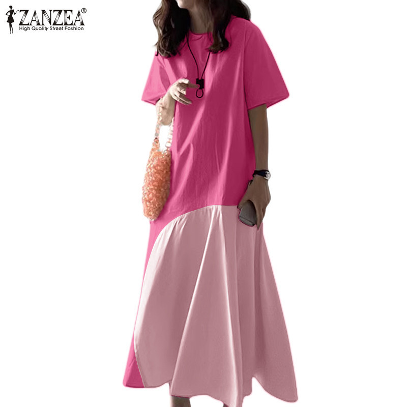 ZANZEA ใส่ ซานเซีย ผู้หญิงแฟชั่นเกาหลีเย็บปะติดปะต่อกันลําลองรอบคอแขนสั้นชุด
